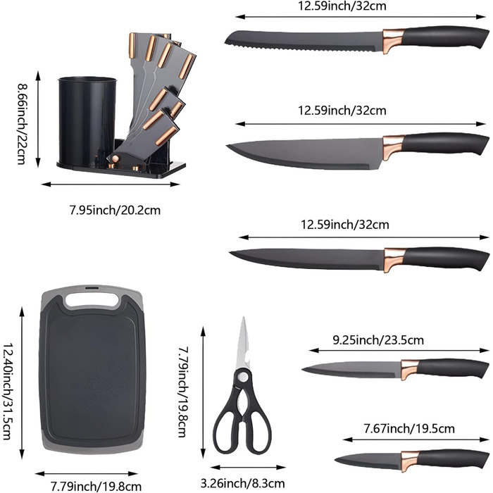 Набір кухонних ножів 19 в 1 з блоком, аксесуари для кухні та набір кухонних ножів, включає 11 шт. силіконових кухонних аксесуарів, 5 шт. гострих ножів з нержавіючої сталі, ножиці та дошку для нарізання (чорний)