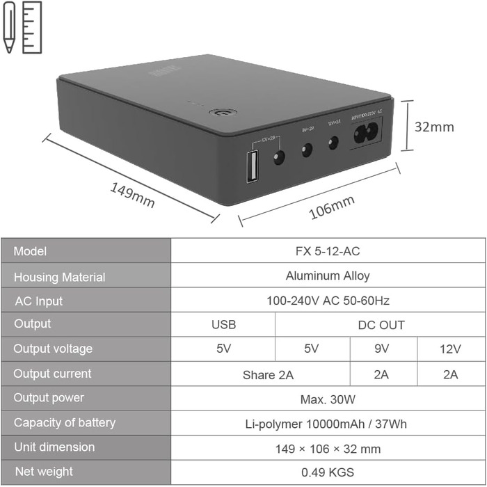 ДБЖ Shanqiu Mini UPS для маршрутизатора, модему, камери з USB/DC 5В 9В 12В 2А (37Втгод)