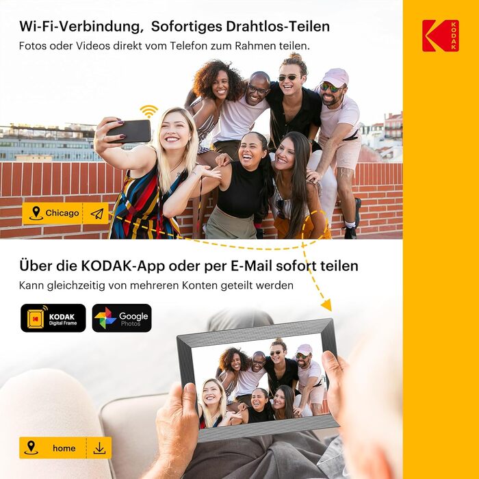 Цифровий фоторамка Kodak WiFi, 10.1 дюйма, HD IPS сенсорний екран, 32GB, автоматичне обертання, WiFi, для стін, чорний