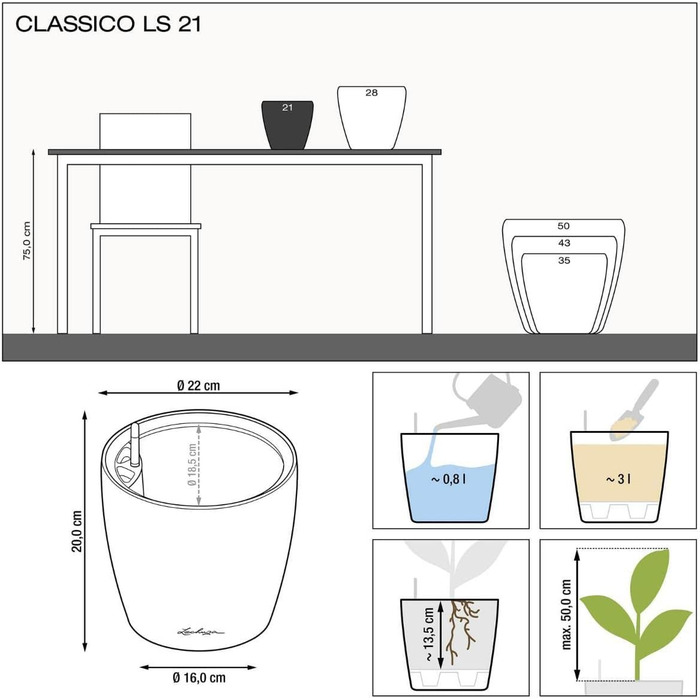 Кашпо Lechuza Classico Premium 21 LS, Комплект, Білий, 22x22x20 см, Високий Глянцевий, Одиничний