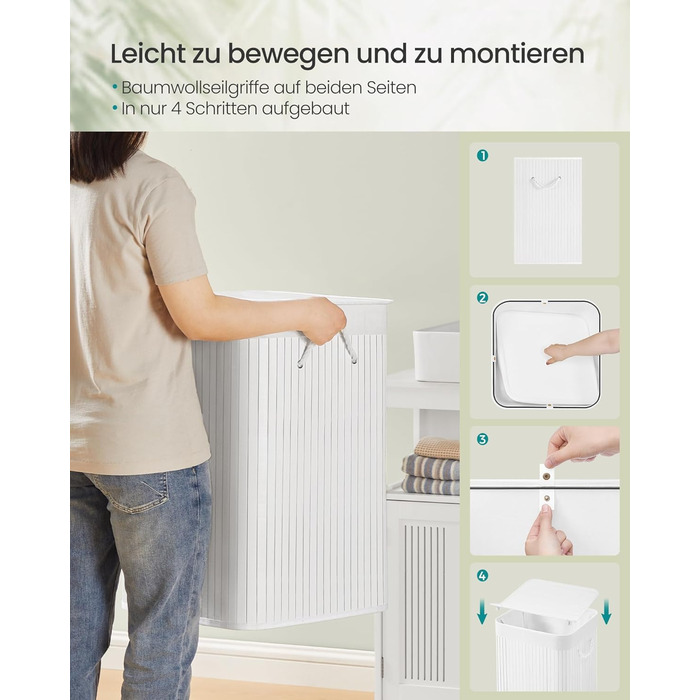 SONGMICS Кошик для білизни 95 л з кришкою, бамбук, з ручками, складний, знімний мішок для прання, для пральні, LCB060Y01 (95 л)