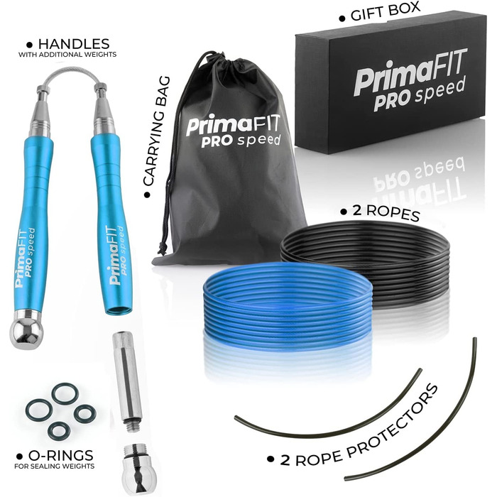 Скакалка PrimaFIT для дорослих, професійна Скакалка для фітнесу, 3 м, Регульована по вазі, 2 шарикопідшипника і протиковзкі ручки, професійний Скакалка для боксу, ММА, кроссфіта, додатковий сталевий канат, сумка світло-синього кольору