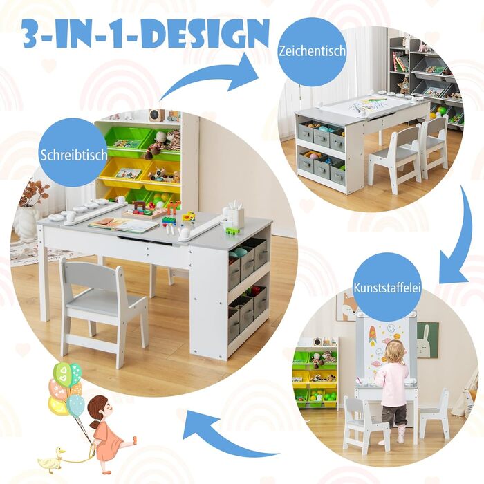 Дитячий стіл COSTWAY 3 в 1 з 2 стільцями, активний стіл-мольберт з підйомною стільницею, набір кольорів, 6 тканинних контейнерів та рулон паперу, сірий, 109x60x55 см
