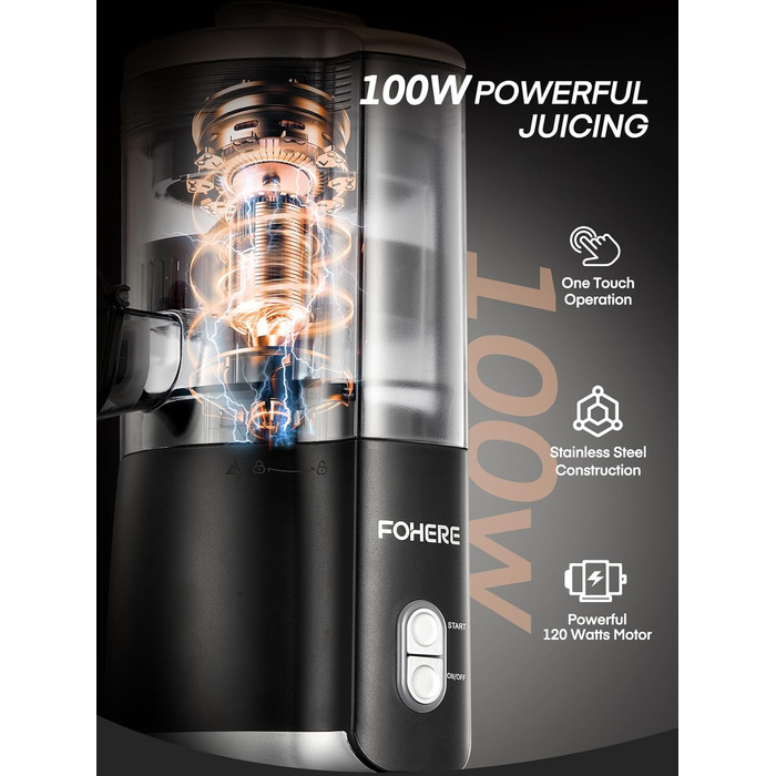 Електрична прес для цитрусових FOHERE, автоматична соковичавниця для апельсинів, грейпфрутів, лимонів, з потужним мотором 100W, без BPA, 2 конуси для різних фруктів, чорний