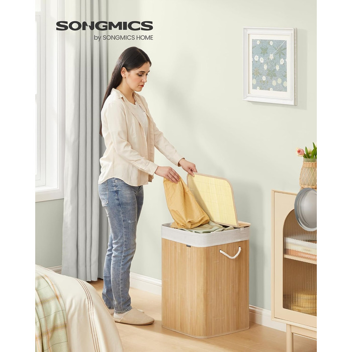 Кошик для білизни SONGMICS 95 л з кришкою, бамбук, з ручками, складний, знімний мішок, придатний для прання, для ванної кімнати, натуральний колір