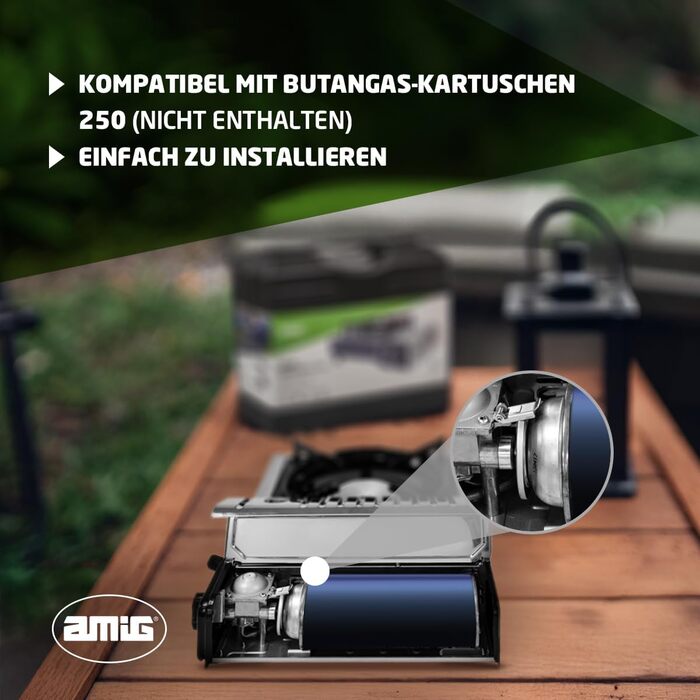 Газовий балонний пальник Amig CAMP01 з 1 конфоркою, вбудованим вітрозахистом та нержавіючою сталею, 2.2 кВт, сумісний з картриджами B-250