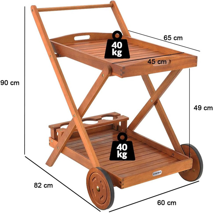 Візок для сервірування Casaria Wood FSC сертифікований Акація 2 яруси, 3 тримачі для пляшок, візок для кухні на відкритому повітрі