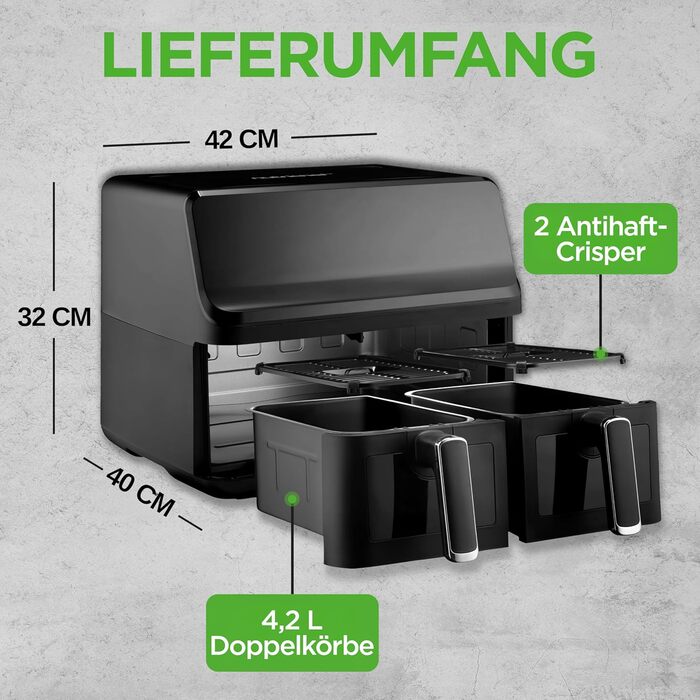 Фритюрниця NutriChef 8.3L з 2 відсіками, з подвійним нагріванням, з оглядовим вікном, 9 програм, до 360°C, антипригарне покриття, для смаження без олії, компактна та безпечна