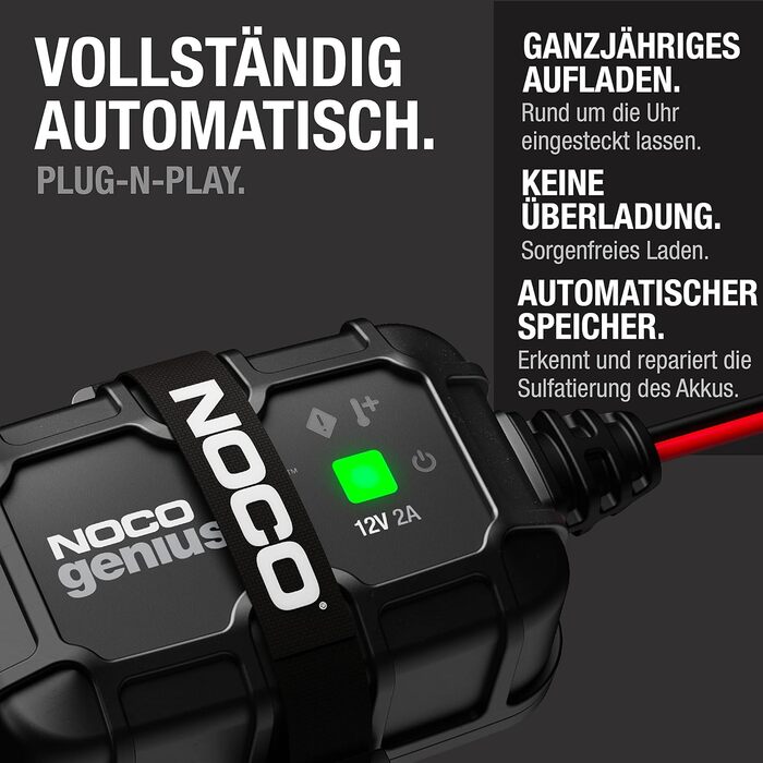 NOCO GENIUS2D: Інтелектуальний зарядний пристрій для акумуляторів 12V 2A – Підтримує, заряджає та десульфатує акумулятори, з захистом від перевантаження та температурною компенсацією. Підходить для свинцево-кислотних акумуляторів