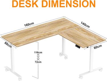 Електричний кутовий стіл BEXEVUE з регулюванням висоти 160x140 см, 3 режими пам'яті, антиколізійна технологія, ліворуч/праворуч, ергономічний комп'ютерний стіл, матеріал: акорн