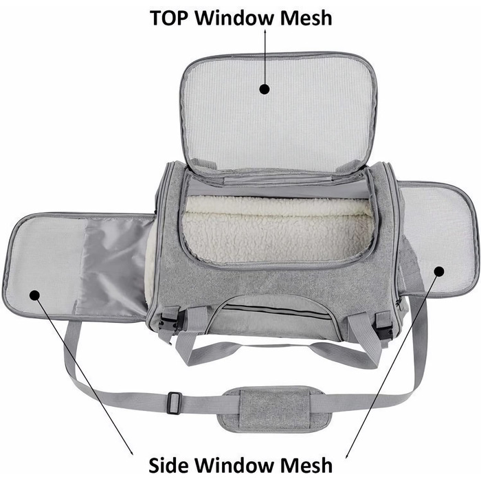 Ящик для перенесення кішок, безпечна і міцна складна сумка для перенесення кішок, з усіх боків вентильований ящик для перенесення собак, внутрішнє ліжко для домашніх тварин,44*25*28 см, 1 кг, Оксфордська тканина, сірий.
