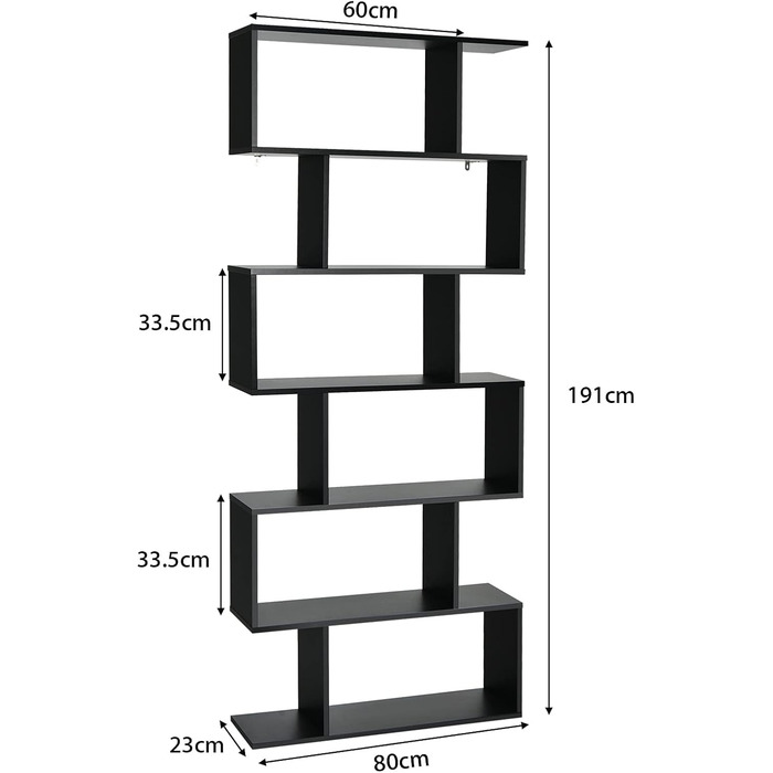 Книжкова шафа GIANTEX 6 ярусів, Окремо стоячі, S-подібна, Промисловий дизайн, Дерево, Чорний