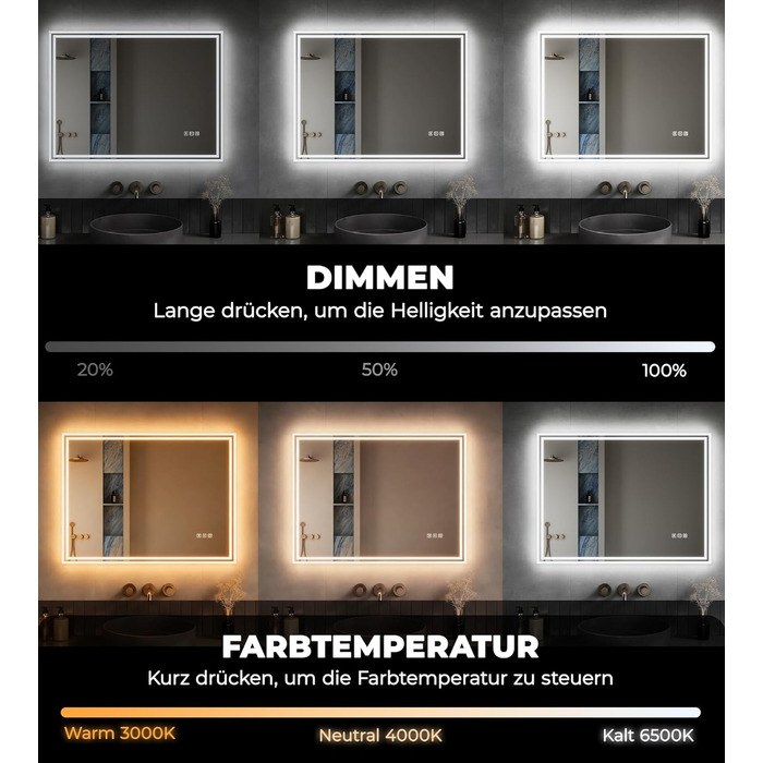 Дзеркало для ванної кімнати LOMIKEN з підсвічуванням, 60x50x3,5 см, LED, 6400K, холодний білий, економія енергії, вертикальне/горизонтальне кріплення, вимикач, захист від запотівання, 3 колірні температури