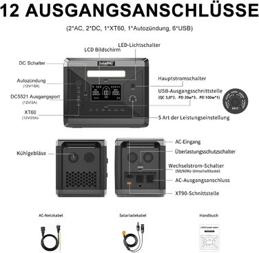 Портативна електростанція SolarPlay Q2501 з сонячною панеллю 200W, 2500W, 2304Wh LiFePO4, USB, AC-порти, 12V вихід, для кемпінгу, RV, надзвичайних ситуацій