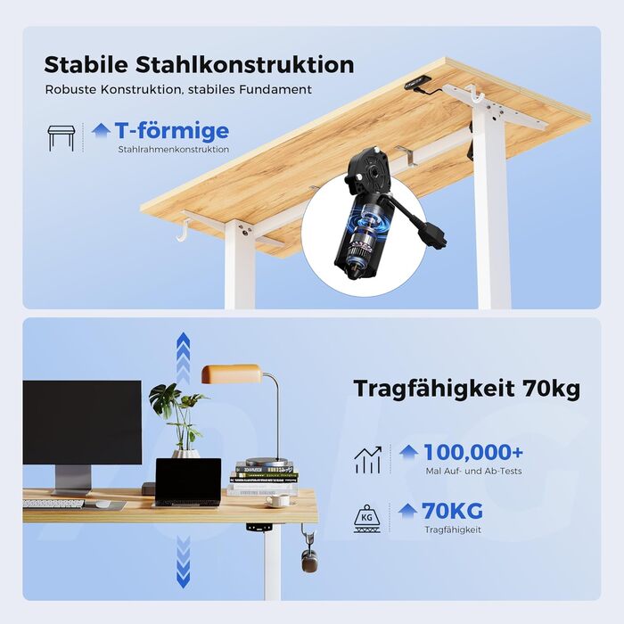 Регульований за висотою стіл Agilestic: електричний, з пам'яттю, ергономічний, для комп'ютера, 150 x 60 см, білий/світло-коричневий
