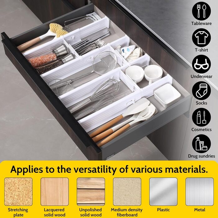 Набір роздільників для ящиків Gigmeta (4 шт) з регулюванням, 34–59 см, >7 см. Підходить для шафи, спальні, комода, кухні, офісу