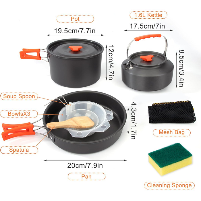 Набір кухонного посуду для кемпінгу Yesaler: каструля, сковорода, чайник для пікніків, походів та риболовлі