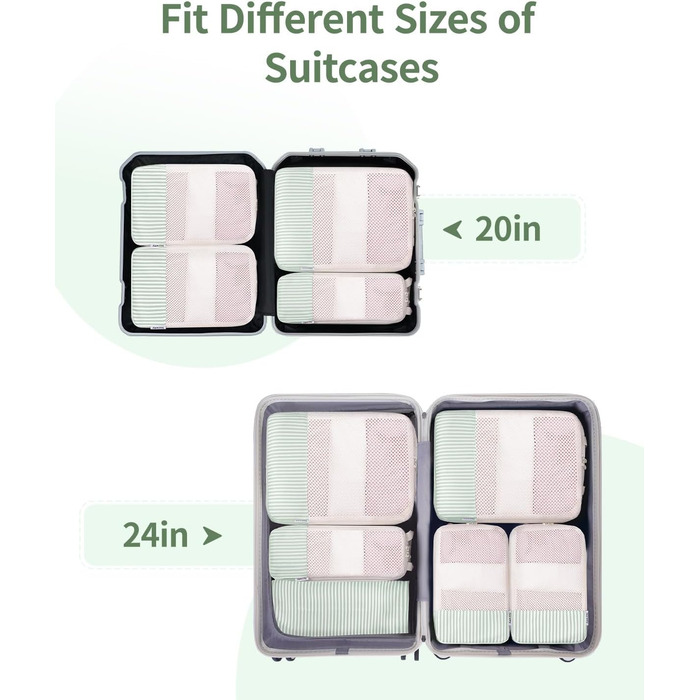 Набір органайзерів для валізи та рюкзака Narwey, 6 шт, компресійні органайзери для одягу та речей у подорож, світло-зелені смужки