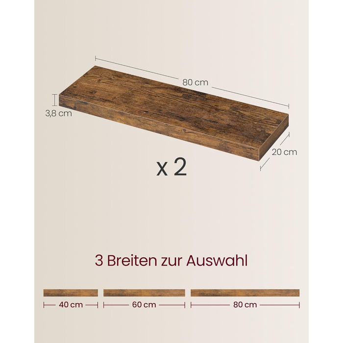 Настінна полиця VASAGLE, 2 шт., 20 x 80 x 3,8 см, вінтажний колір, для декору, фотографій, вітальні, кухні, офісу