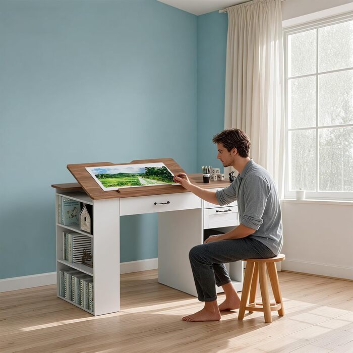 Регульований стіл для малювання AeasyG з 3 ящиками та 3-рівневими полицями, стійка конструкція з МДФ (50 кг вантажопідйомність) для художників та домашнього офісу, кут нахилу 0-80°, 60x120x76 см, білий