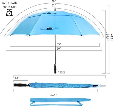 Велика парасолька для гольфу ZOMAKE XXL - штормонепроникна, автоматична, подвійний навіс, ремінь для перенесення, світло-блакитна (172см)