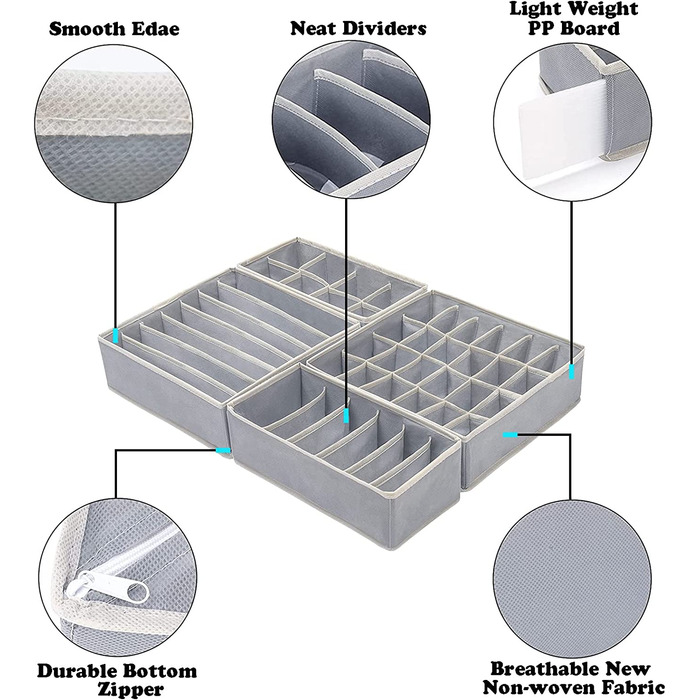 Осередки ящики для зберігання шкарпеток і нижньої білизни, складні ящики, роздільники ящиків, ящики Органайзер тканинні ящики для зберігання шкарпеток,шарфів, краваток(сірий) (комплект з 6 серій), 3 шт., 24
