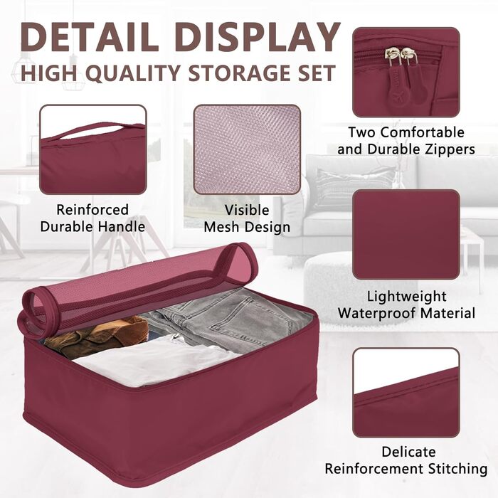 Набір органайзерів для валізи та подорожей 12 предметів, водонепроникні пакувальні куби для одягу та речей (винно-червоний)