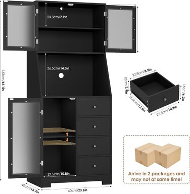 Кухонна шафа HOCSOK 163 см з робочою поверхнею, буфет, шафа для зберігання продуктів, 3 двері та 4 шухляди, висока шафа для кухні, вітальні, їдальні, бару, білий (чорний)