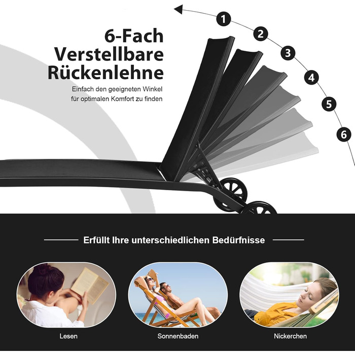 Шезлонг для саду та відпочинку Costway з регульованою спинкою та тканиною, що швидко сохне, до 50 кг, для саду, балкону, тераси (Чорний)