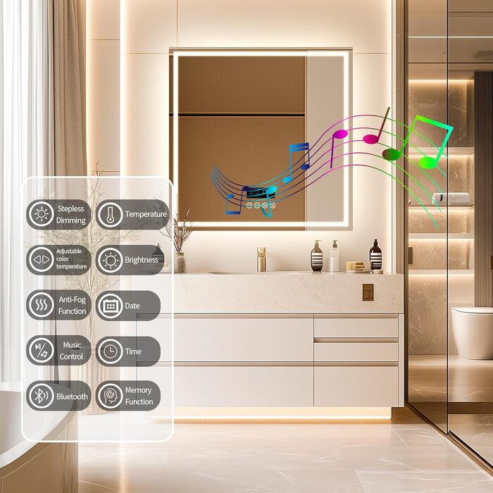 Дзеркало для ванної кімнати LUVODI LED з підсвічуванням, 40x50 см, водонепроникне, сенсорне управління, 3 колірні температури, регулювання яскравості, антизапарник, Bluetooth, заднє та переднє освітлення