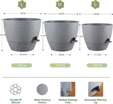 Автополив'яні горщики для дому, 25/23/20 см, набір 3 шт, великі пластикові горщики з резервуаром та дренажними отворами, сірий з сірими крапками