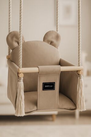 Дитяча гойдалка для дому та вулиці | Bär Light Beige Velvet | Гойдалка для малюків | Дерев'яна гойдалка для дітей | Гойдалка для дверного отвору