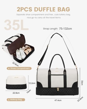 Сумка-мішок LOVEVOOK для жінок: дорожня, спортивна, з відділенням для взуття та мокрих речей, 2 шт. у наборі, 35л, бежевий & хакі