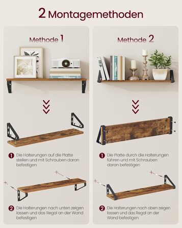 Настінна полиця VASAGLE, 6 штук в наборі, полиці-дошки, 2 способи монтажу, 30/35/40 см, для вітальні, кухні, кабінету, ванної кімнати, вінтажний коричневий + матовий чорний, LWS033K02