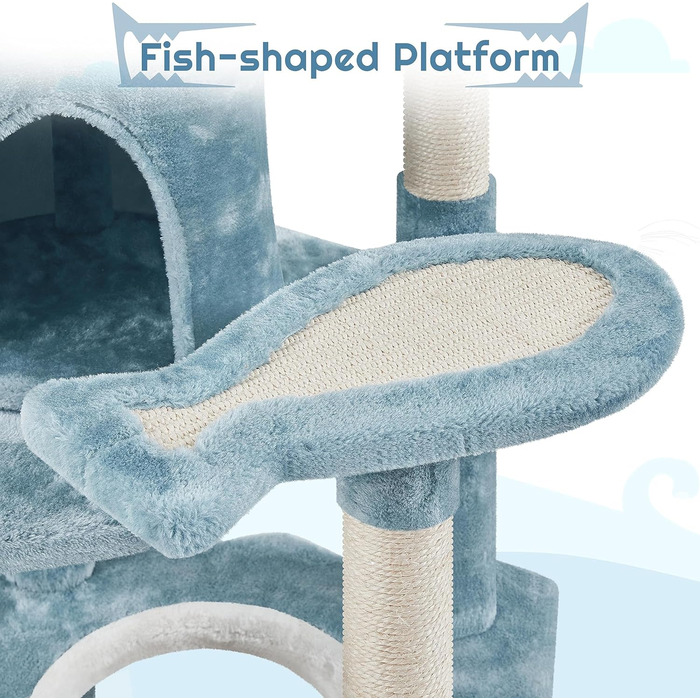 Кігтеточка для котів Yaheetech Sea Cat Tree 155 см, дизайн океану з котячою печерою у формі акулячої пащі Котяче ліжко Підвісний кошик платформа, стійке дерево для скелелазіння для котів, синьо-біле