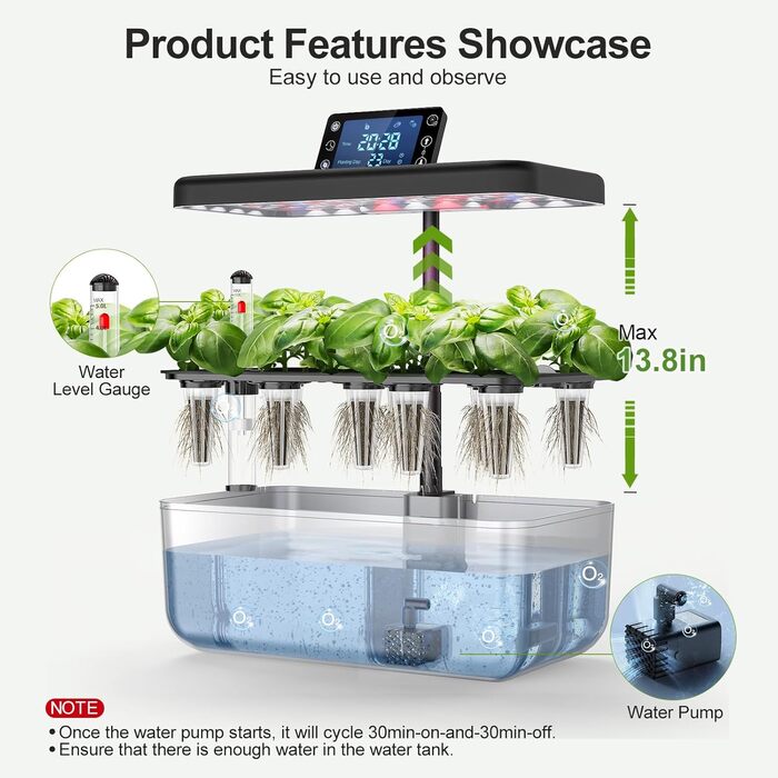 Гідропонна система вирощування 12 капсул, розумний сад для трав з LED-лампою повного спектру 24W, для дому/офісу/школи (сріблястий), 12 капсул - сріблястий