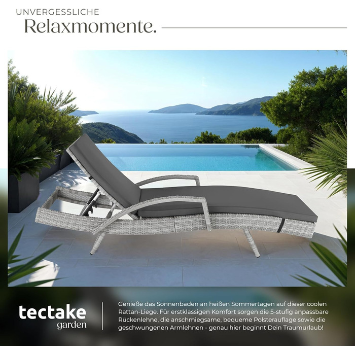 Шезлонг Tectake з поліротангу, регульована спинка, стійкий до погодних умов, з м'яким матрацом, для саду, балкону та тераси (світло-сірий)