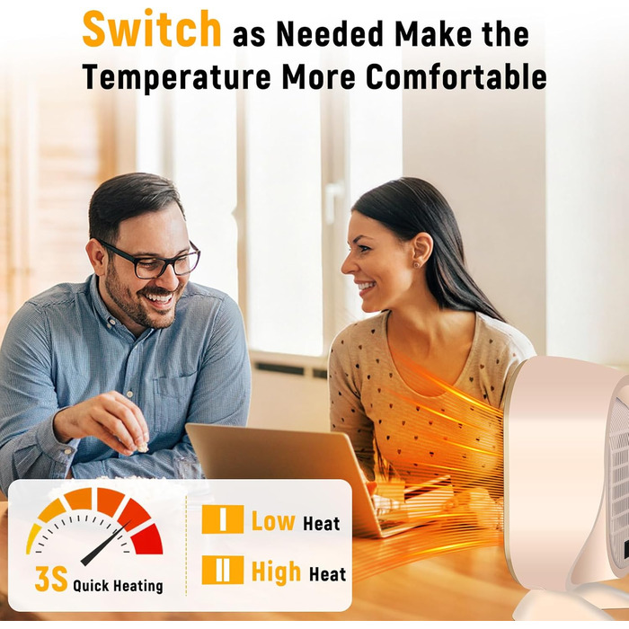 Електричний обігрівач Feebee: енергозберігаючий, тихий, 800/1200W, портативний, з контролем температури та захистом від перегріву та перекидання. Підходить для спальні, дому, офісу. (Білий/Бежевий)