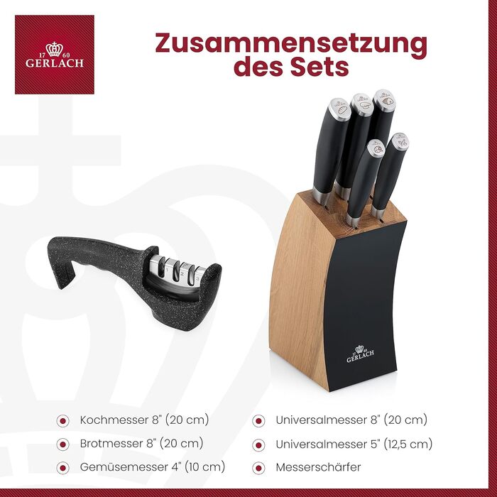 Набір кухонних ножів Gerlach Deco Black з точильним каменем: 5 ножів у блоці з нержавію та бука