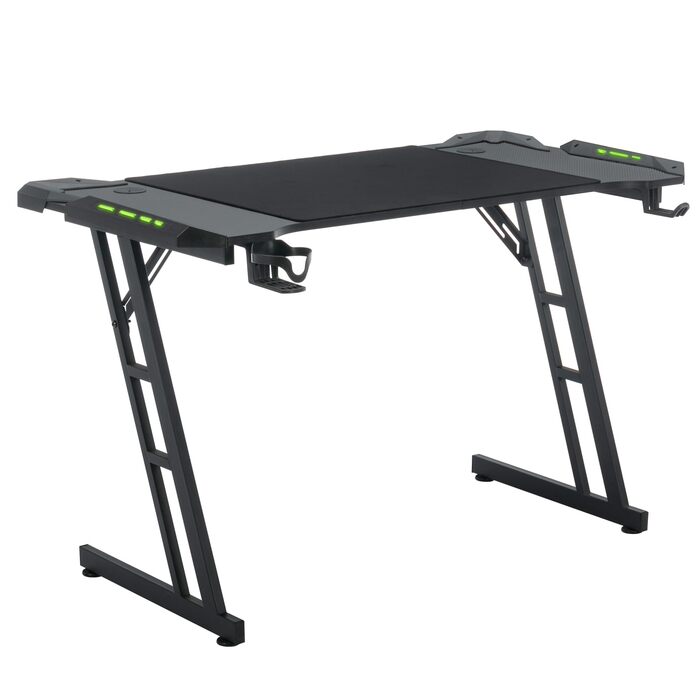 Ігровий стіл XMTECH 140x60 см з RGB LED, карбонова поверхня, ергономічний, з тримачем для навушників та підставкою для напоїв, чорний