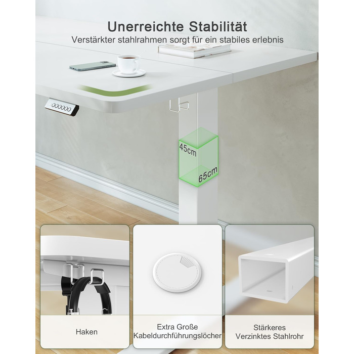 Електричний стіл JUMMICO 100x60 см з USB-зарядкою, білий - регульована висота, для офісу та дому