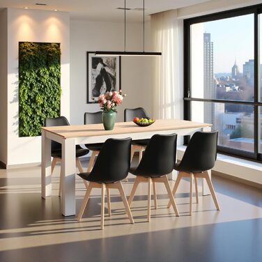 Обідній стіл з 6 стільцями, комплект для їдальні. Дерев'яний стіл 160 см та 6 стільців для вітальні, кухні або офісу. Колір: дуб/білий, ніжки столу - дуб.