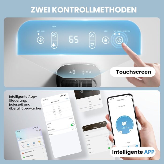 Електричний осушувач повітря 15L, 30㎡, з тачпанеллю, бак 2.5L, дренажний шланг, 46dB, таймер 24h, 3 роки гарантії (25L/день з керуванням через додаток)