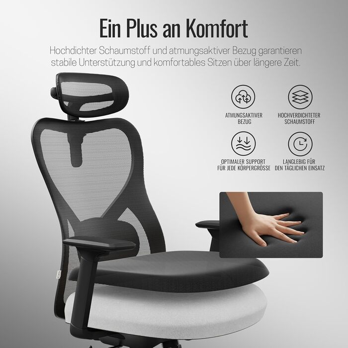 Yaasa Chair Plus: Ергономічне офісне крісло з підголівником, 2D-підтримкою попереку та 4D-підлокітниками. Переможець тесту! Чорний, до 150 кг.