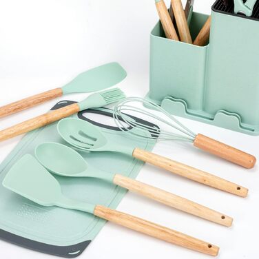 Набір кухонних ножів EliteHoff 19 предметів: 5 ножів, 12 аксесуарів, дошка та підставка – з дерев'яними ручками, безпечний, можна мити в посудомийній машині, чорний (E-6074)