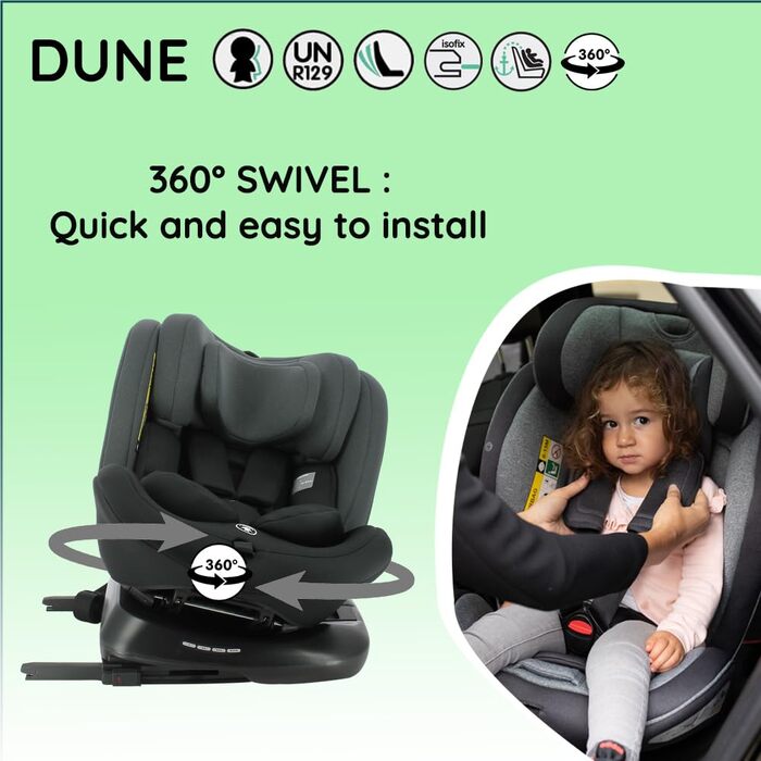 Автокрісло Nania Dune 0-36 кг, I-SIZE, 360° обертання, Isofix, регульована спинка та підголовник, сіре