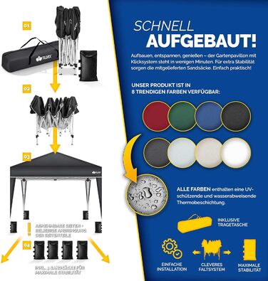 Павільйон Tillvex 3x3м водовідштовхувальний з 4-ма мішками з піском | Pop-Up павільйон, стабільний та регульований по висоті | Садовий намет з UV захистом 50+ | Намет для вечірок з сумкою для саду (Антрацит) 3x3м, без стін