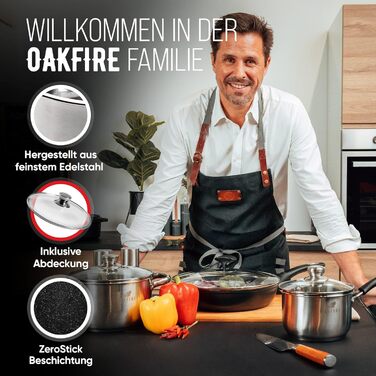 Набір посуду Oakfire, набір з 3 предметів з нержавіючої сталі / каструлі з 28-сантиметровою сковородою / набір для приготування їжі, підходить для індукції / без пригорання.