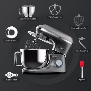 Кухонна машина 2000W з нержавіючої сталі, чаша 6.2 л, міксер з набором насадок (крюк, гак, вінчик, сплеск), колір антрацит