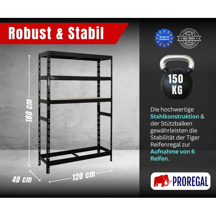 Стелаж для шин PROREGAL Tiger XL: 200x180x45 см, 300 кг на полицю, до 205/55 R16, чорний. Підходить для майстерні, складу, підвалу.